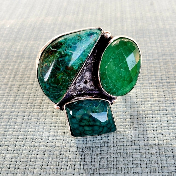 New Chrysocolla, Dragon Veins Agate, Emerald 925 Silver Ring. - Picture 4 of 16